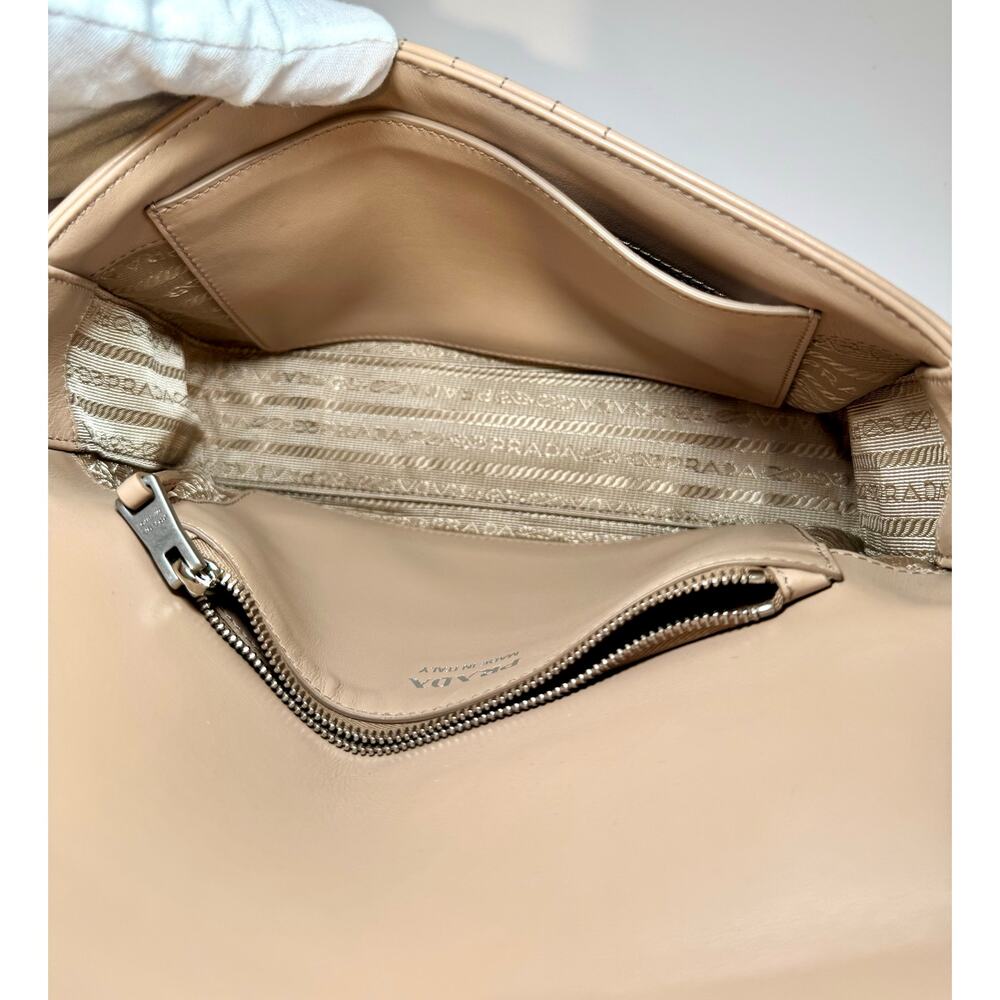 Prada Diagramme Medium Quilted Flap Bag In Tan Calfskin Leather W Silver Chain - Picture 14 of 16